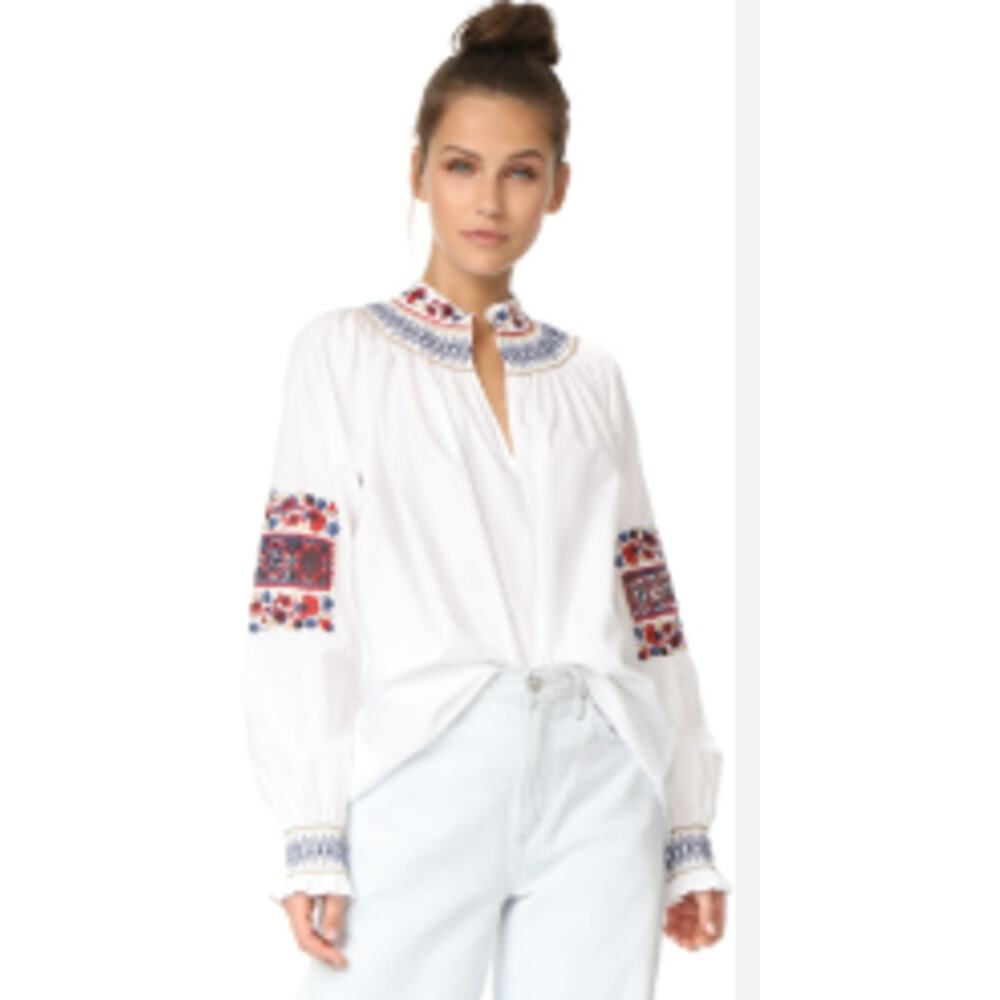 Tibi XS Cora Embroidered Tunic Top White Boho Cotton Coastal Smocked Floral